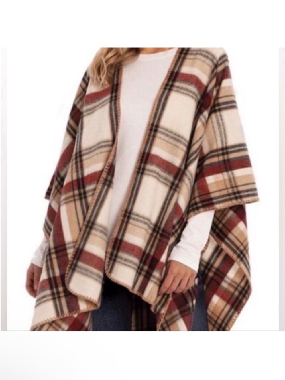 Woolrich Plaid Blanket Wrap Cape Poncho Luxe Sz OS Travel Friendly Cream Tan Red